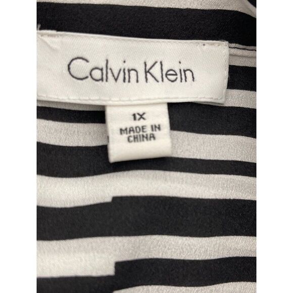 Calvin Klein Women Black /White V Neck Striped Roll Tab Tunic Blouse Size 1X - Picture 9 of 9